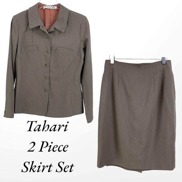 90s Tahari Vintage Taupe Brown Wool Two Piece Skirt Suit Set - Picture 14 of 14